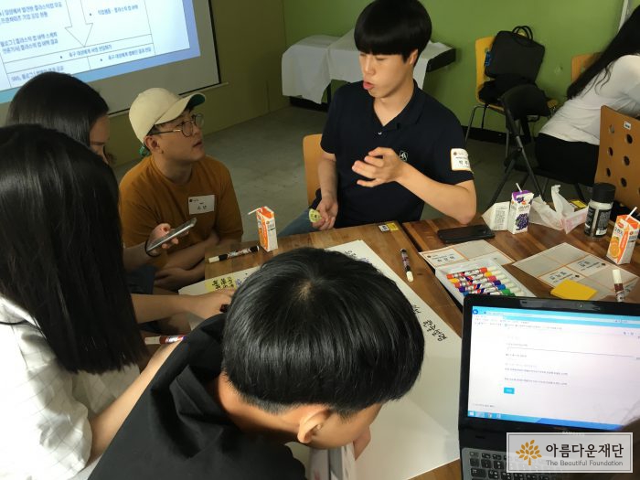 학생 다섯명이 모여 디지털캠페인 워크숍을 진행하는 모습