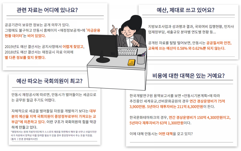안동시민예산학교에서 알게 된 안동 예산관련 내용 : 자료찾기 어려움, 중앙정부 교부금 비율 높음, 공공질서와 안전, 교육에 쓰는 예산 적음, 지속적인 비용 지출에 대한 대책 부족
