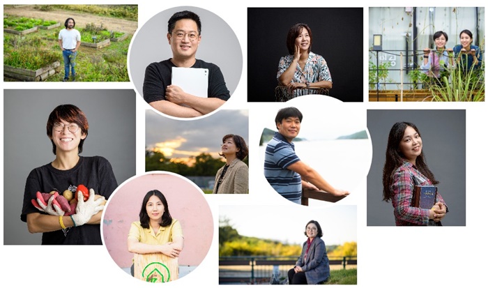 이번 인터뷰에 참여해주신 활동가분들(왼쪽 상단에서부터) 최문철 (꿈이자라는뜰), 박용 (구구컬리지), 김현아 (마인드풀가드너스), 이세형/김지현(카페라떼클럽 ), 김설해 (생활교육공동체 공룡), 이혜림 (내일상회), 정미정 (에이팟코리아), 이종호 (산양초등학교), 정순영 (옥천군마을공동체지원센터), 정은주 (지구인의 정류장)[사진촬영 : 나종민 (바라봄 사진관), 오상민 (천막사진관)]