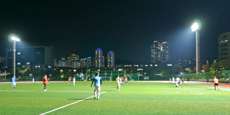 운동장에서 축구를 하는 사람들