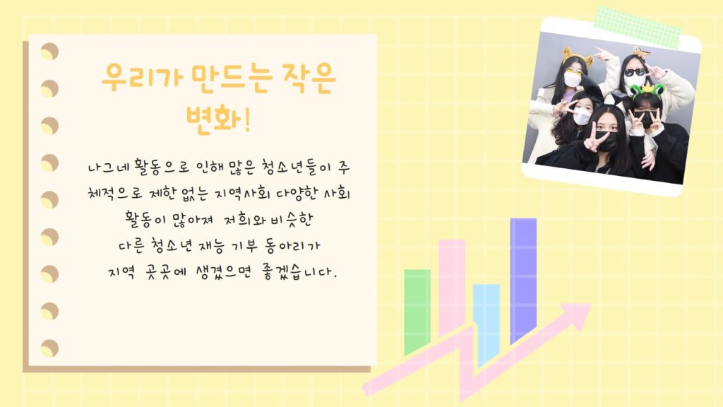우리가 만드는 작은변화-나그네 활동으로 인해 많은 청소년들이 주체적으로 제한 없는 지역사회의 다양한 사회활동이 많아져 저희와 비슷한 다른 청소년 재능 기부 동아리가 지역 곳곳에 생겼으면 좋겠습니다.