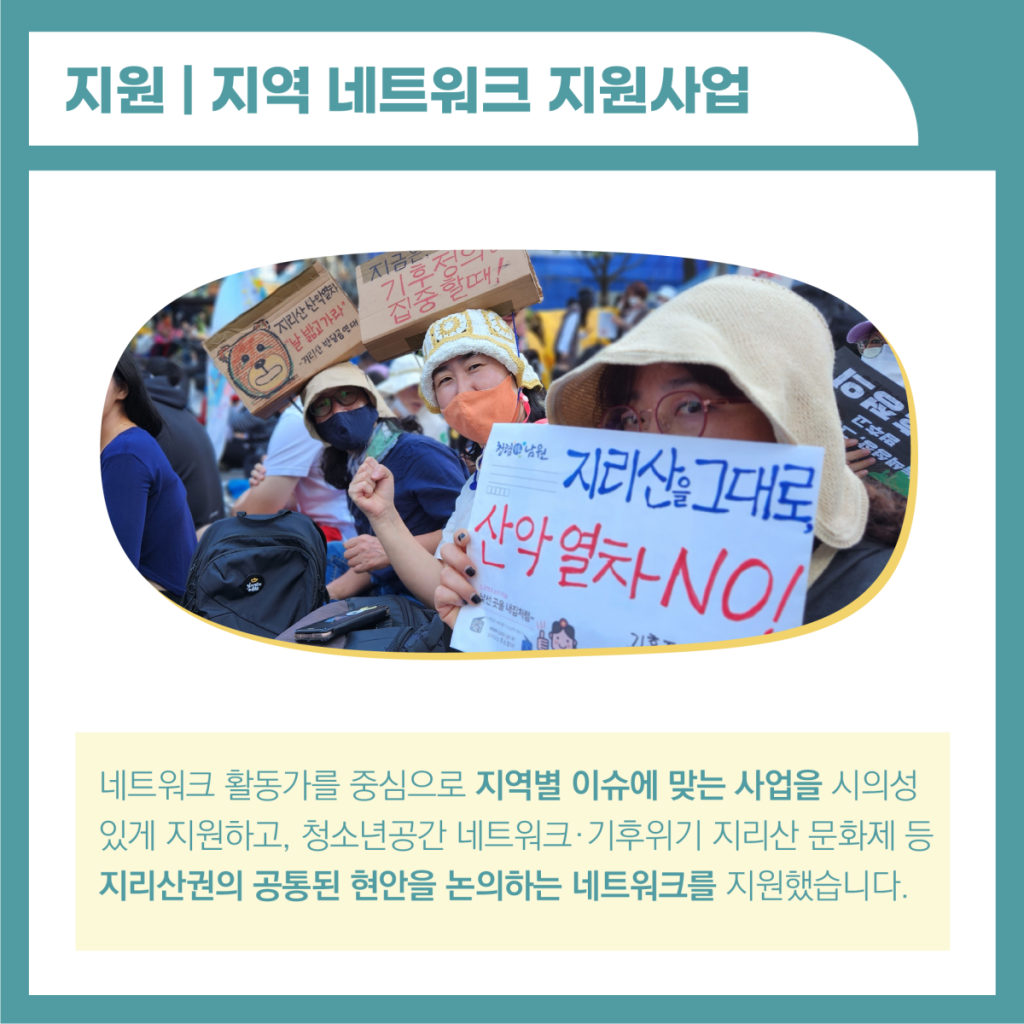 지역네트워크 지원사업은 네트워크 활동가를 중심으로 지역별 이슈에 맞는 사업을 시의성있게 지원하고, 청소년 공간 네트워크, 기후위기 지리산 문화제 등 지리산권의 공통된 현안을 논의하는 네트워크를 지원했습니다. 