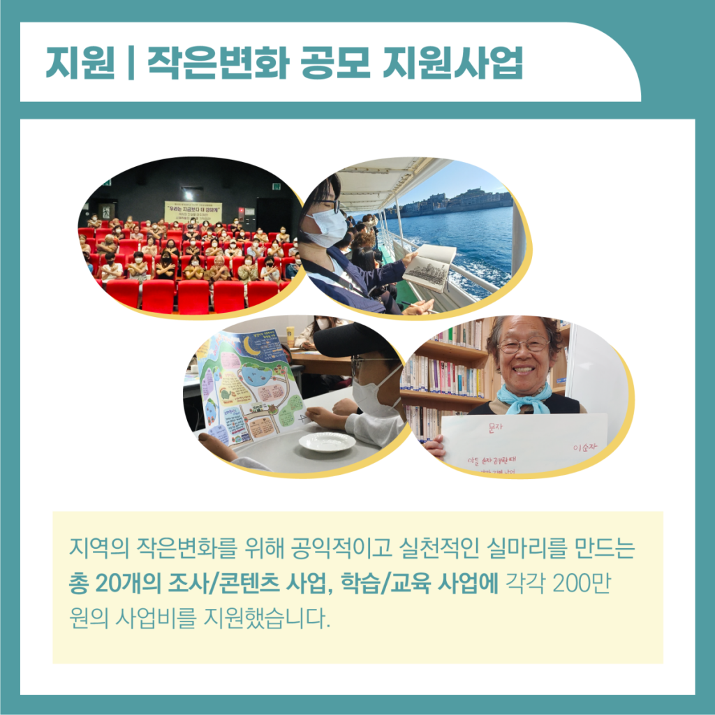 작은변화 공모지원사업은 지역의 작은변화를 위해 공익적이고 실천적인 실마리를 만드는 총 20개의 조사,콘텐츠 사업 / 학습,교육 사업에 각 200만원의 사업비를 지원했습니다. 