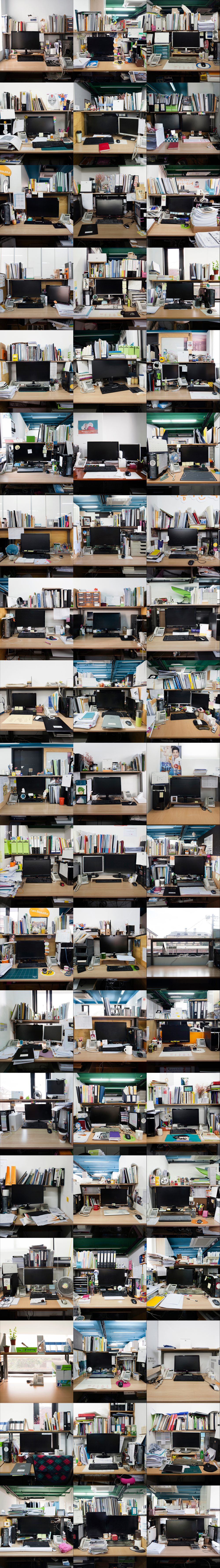 간사의 책상을 모두 찍은 사진. 정리된 책상, 정리되지 않은 책상, 간사들의 개성에 따라 다양한 책상의 모습을 촬영했다.