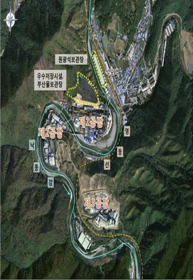 석포제련소 부지. 제 3공장까지 포함하여 69만㎡(약 21만평)에 이른다. (사진출처 : 안동환경운동연합)