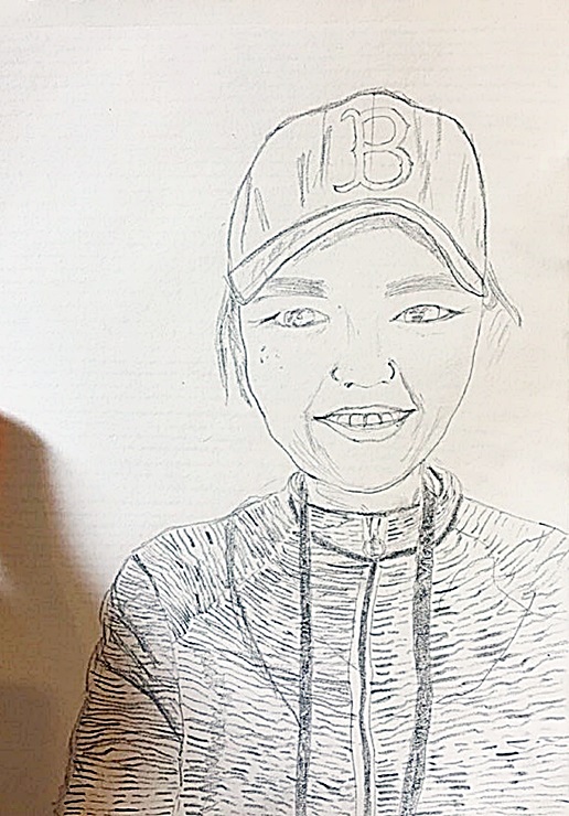 모자를 쓰고 웃고 있는 자신의 모습을 그렸다.