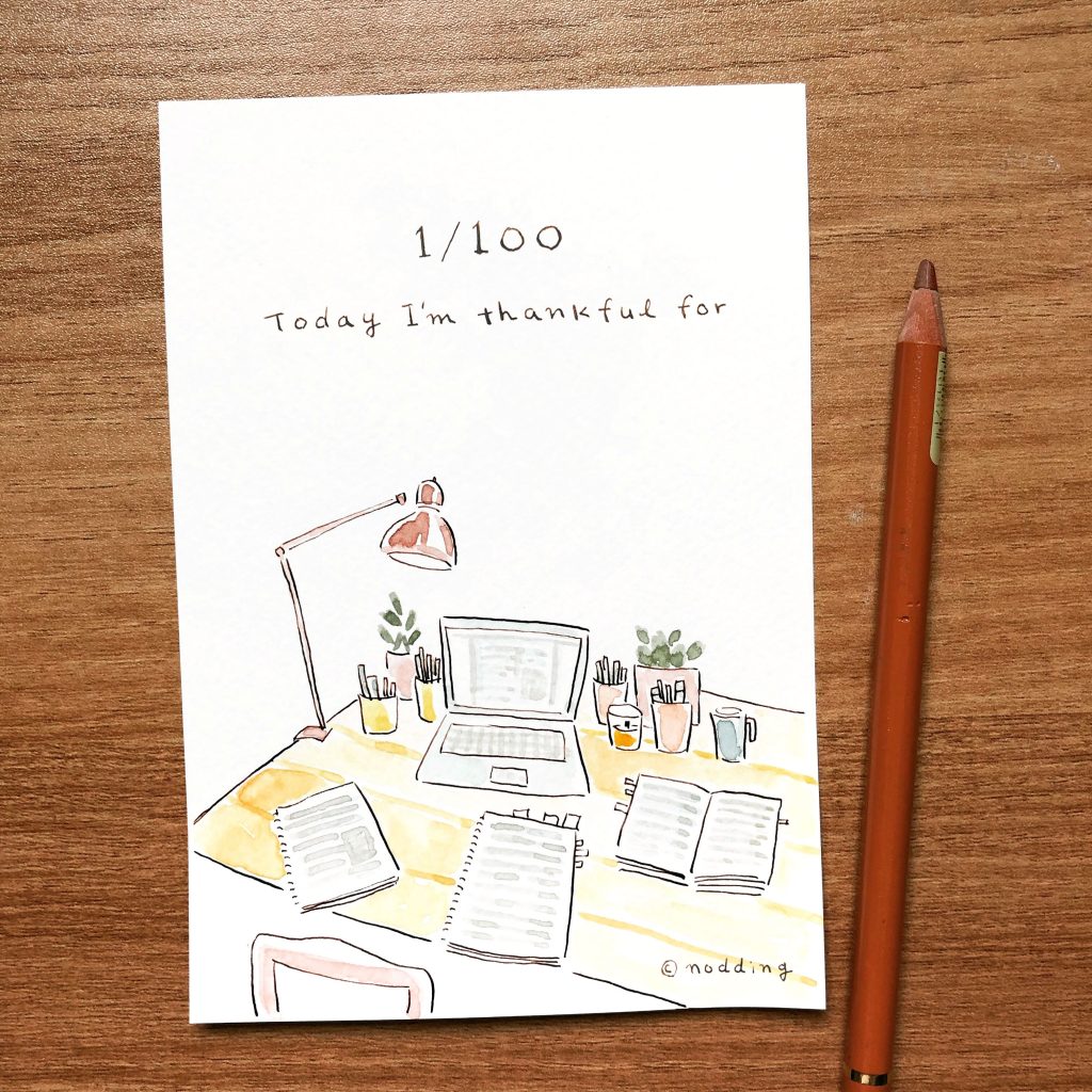 일상드로잉 1일 차 - 아직 쓸만한 노트북과 공부할 시간이 있음에 감사하며 그린 책상의 풍경 (c) 나딩
