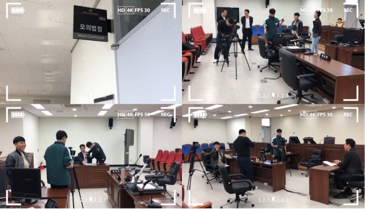 모의법정에서 영상팀이 촬영하는 장면 스케치