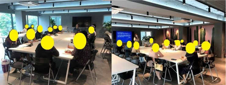 오토픽션 클래스가 진행되는 현장 사진 2장. 네모난 큰 책상에 참가자들이 둘러앉아 있다.