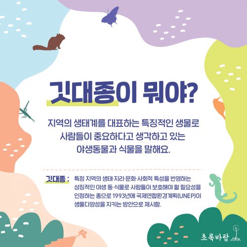 깃대종 서포터즈 카드뉴스. 깃대종이 뭐야? 지역의 생태계를 대표하는 특징적인 생물로 사람들이 중요하다고 생각하고 있는 야생동물과 식물을 말해요 라고 적혀있다.