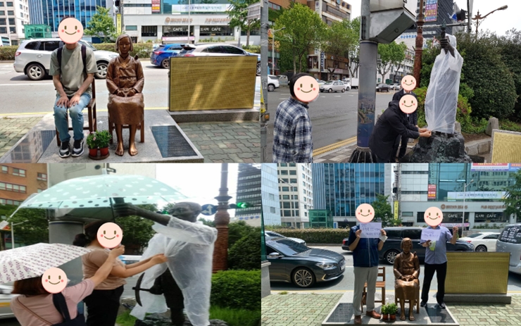 지난 1년간 소녀상,노동자상 지킴이 활동을 하는 사진 총 4장. 소녀상과 노동자상을 닦고, 주변 청소를 하며 관리하고 있으며, 일본 기업이나 일본 정부에서 역사왜곡을 하고 막말을 할 때에는 소녀상과 노동자상 앞에서 이를 규탄하는 일인 시위를 진행하기도 했습니다. 또한 주변 동료 노동자들과 함께 지킴이 활동에 함께 참여하면서 일본의 진정한 사죄배상을 얻기 위한 활동을 알리고 있습니다.