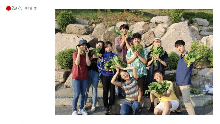 해밭똥 멤버들이 도시 텃밭 농사를 통해 수확한 배추를 들고 카메라를 바라보고 있다