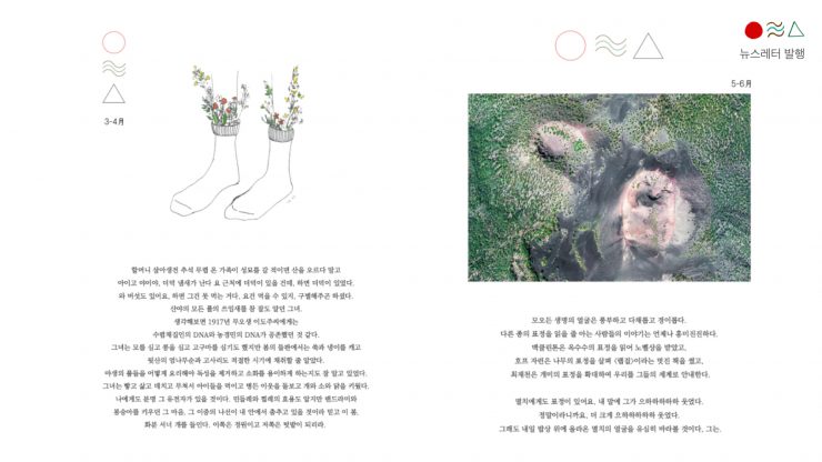 해밭똥 온라인 웹진 캡쳐본. 3-4월과 5-6월 시기의 단상이 이미지와 함께 기록되어 있다.