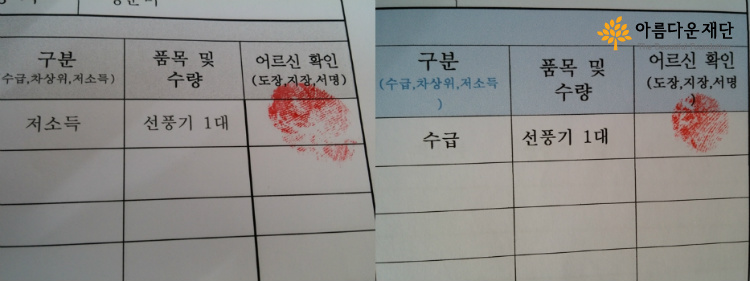 잘 받았다고 어르신이 서명, 도장, 지장을 찍어주신다. 