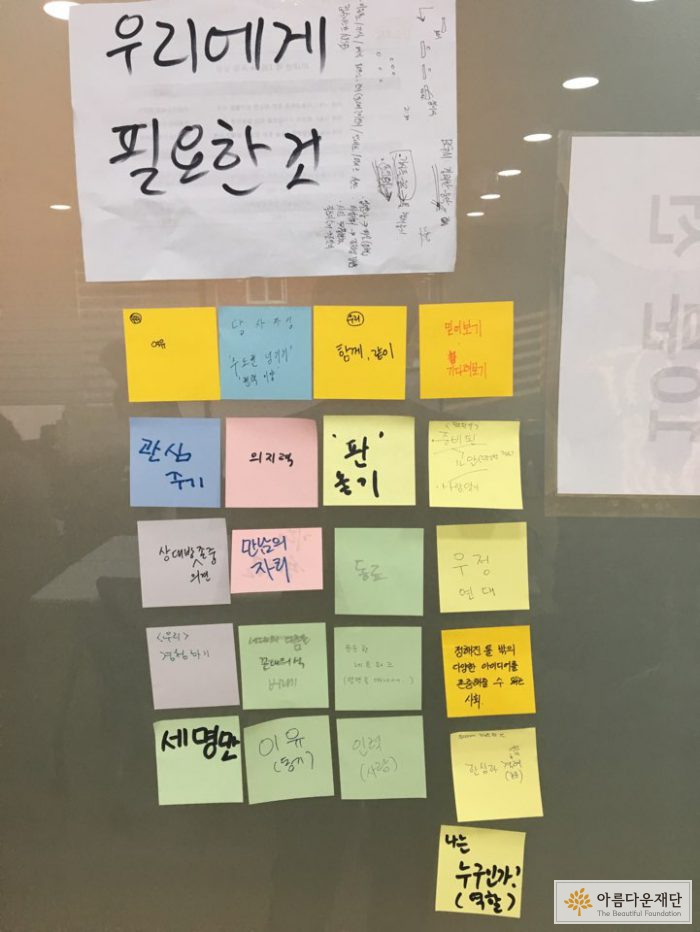 비포럼 참가자들이 교육영역에서 실천까지 이어기지 위해 필요한 것을 포스트잇에 작성을 했습니다. 관심주기, 만남의 자리, 판 놓기 등의 의견을 작성했습니다